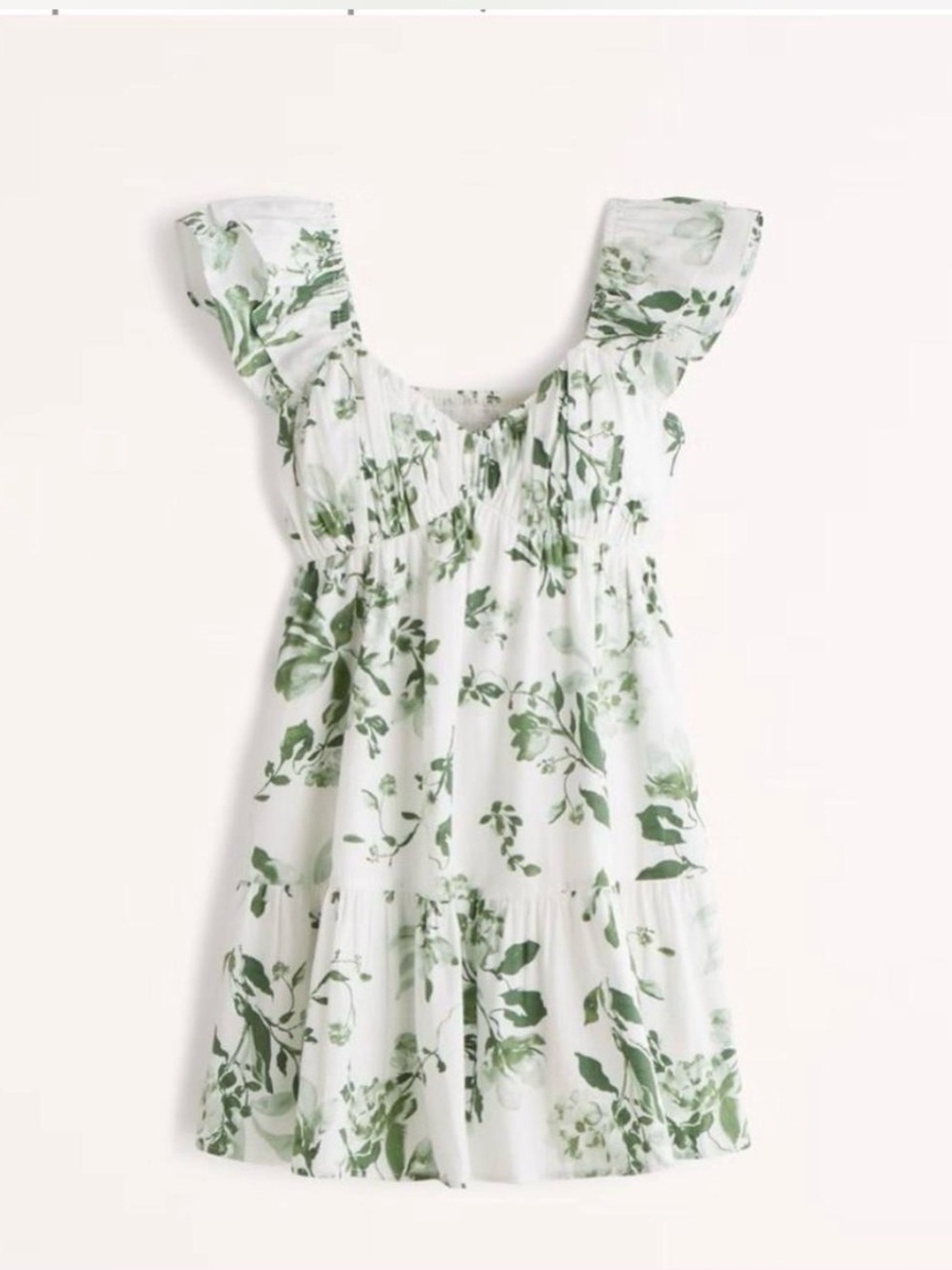 White Floral Ruffle-Sleeve Mini Dress - Green Leaf Print